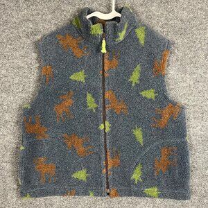 VINTAGE Fleece Sherpa‎ Vest Sleeveless Blue Tree Moose Print Women’s size Large